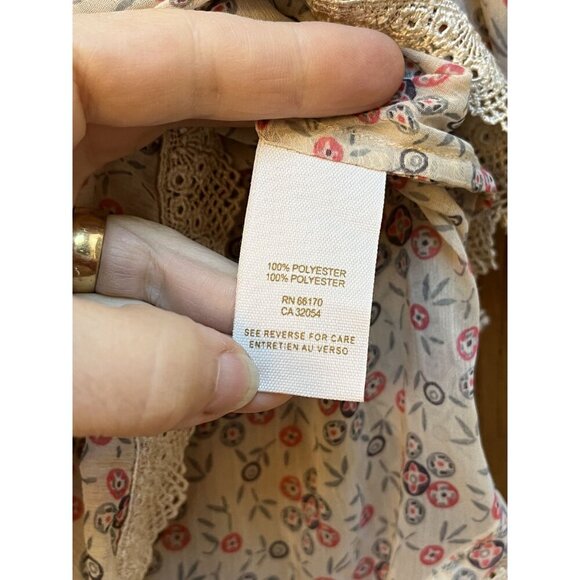 Vintage Free People M Calico Print Sheer Blouse Lace Trim Beige - Picture 4 of 7